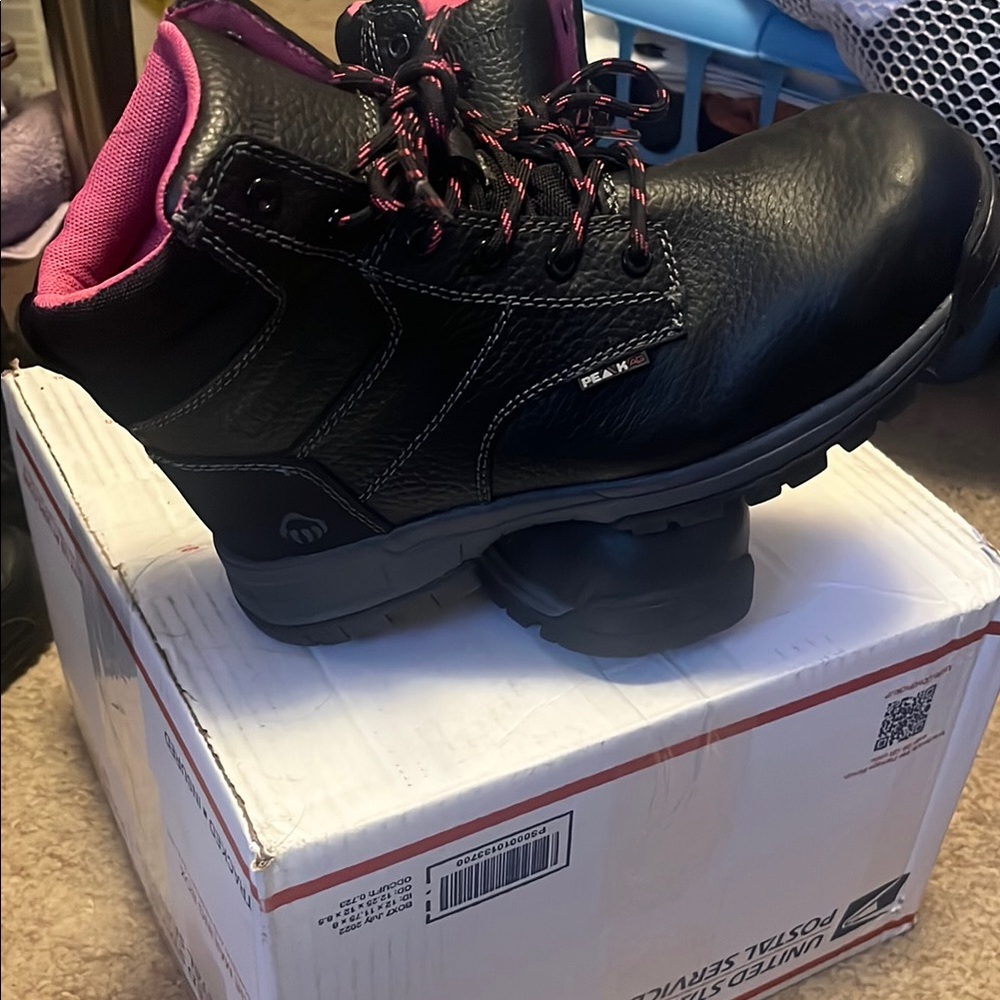 Black and Pink Combat Moto Boots with Bold Contrast